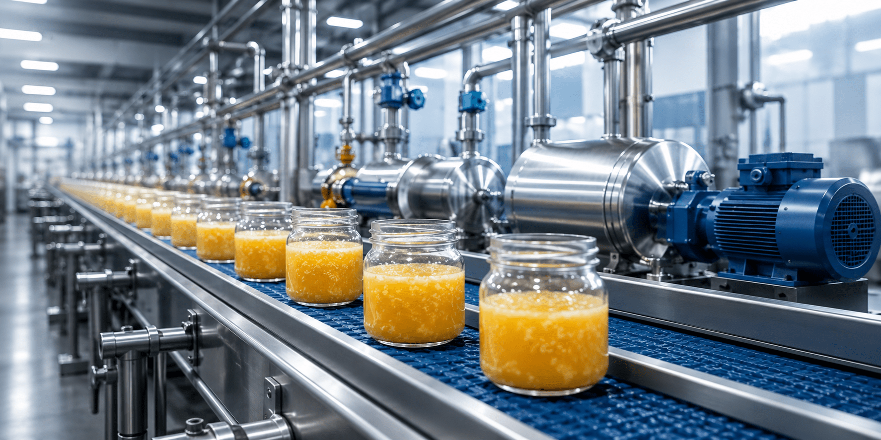 Jars of orange juice on a production line in a factory, showcasing automated bottling equipment and a modern processing environment.