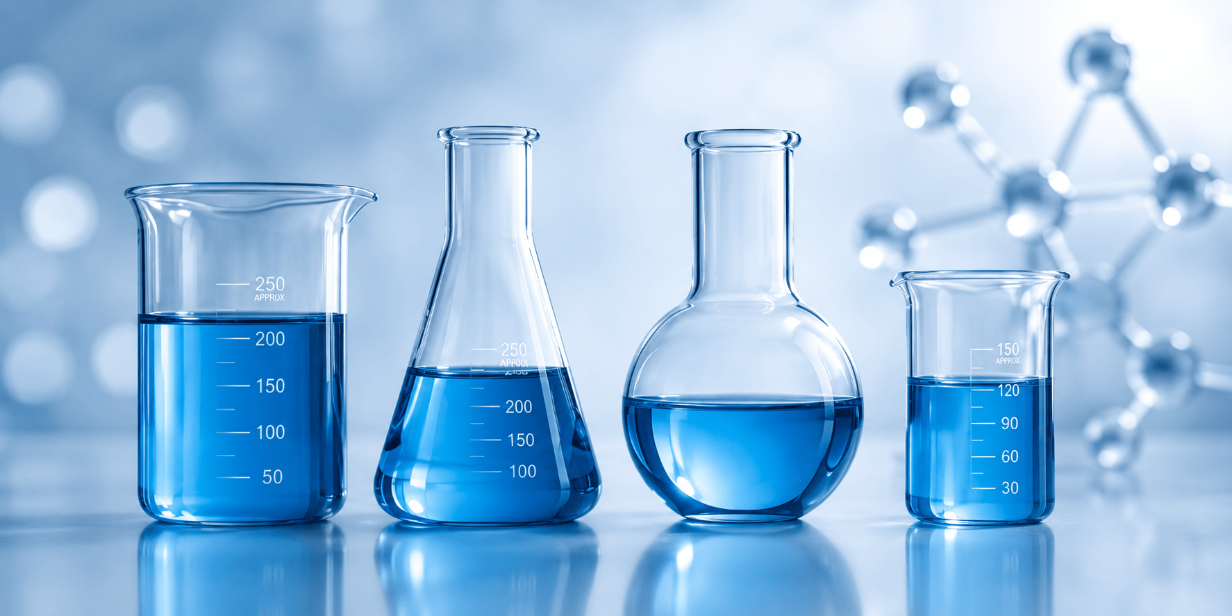 Four laboratory glassware pieces filled with blue liquid sit on a reflective surface, showcasing measurement markings, with a molecular model blurred in the background.