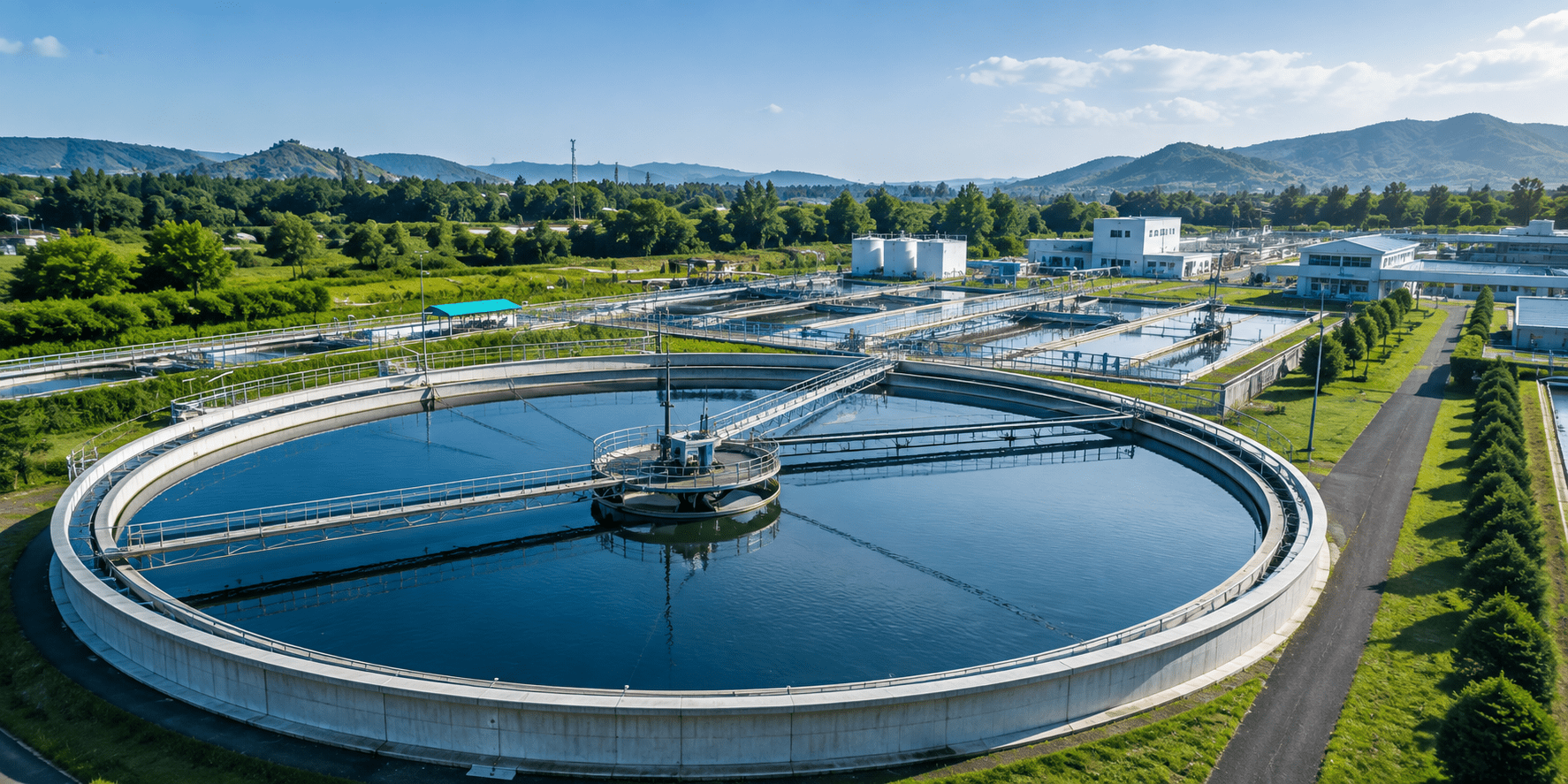 Aerial view of a modern wastewater treatment plant surrounded by greenery and mountains, showcasing circular treatment tanks and facilities.