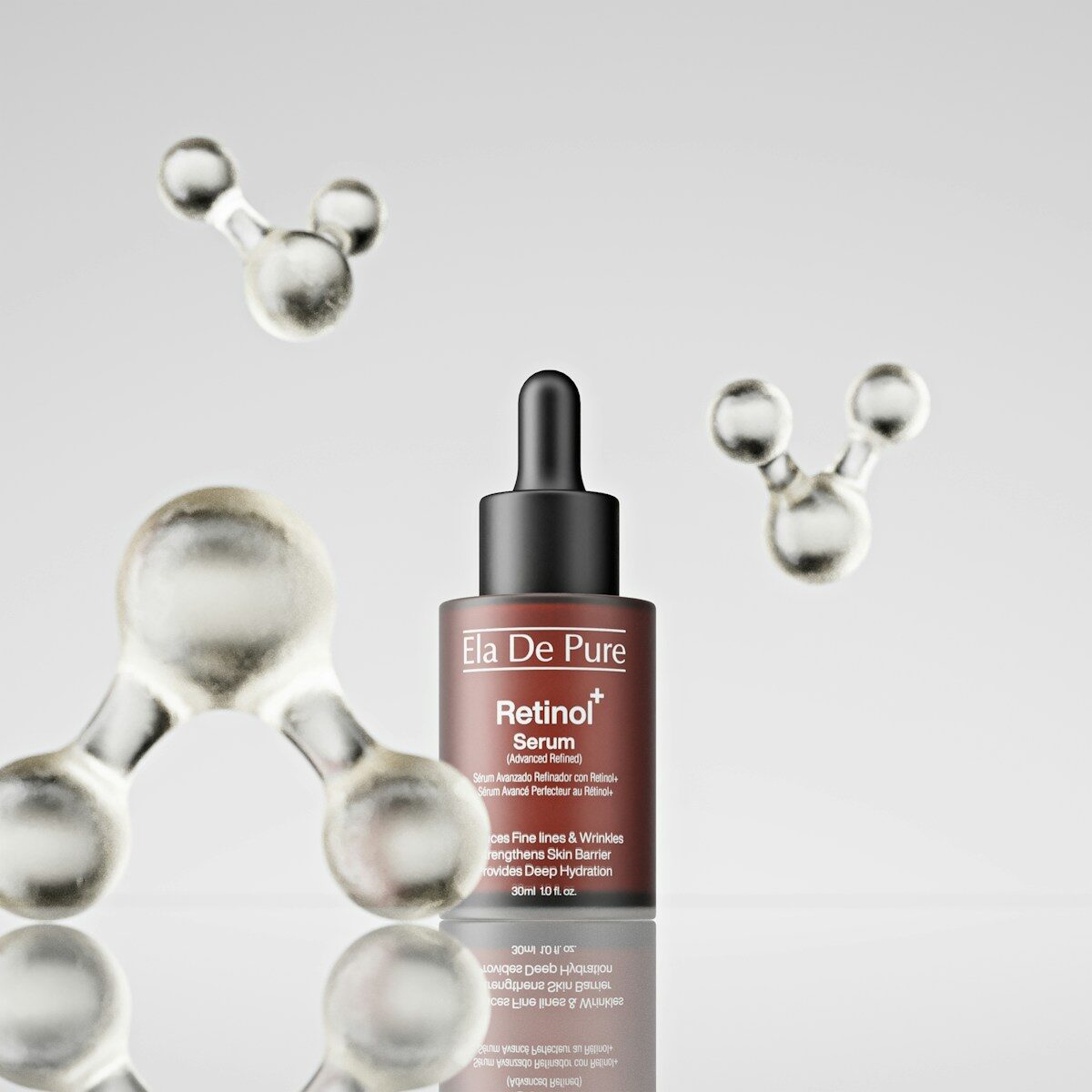 Retinol serum bottle with molecular structures